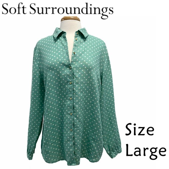 Soft Surroundings Tops - Soft Surroundings Green White Polka Dot Button Up